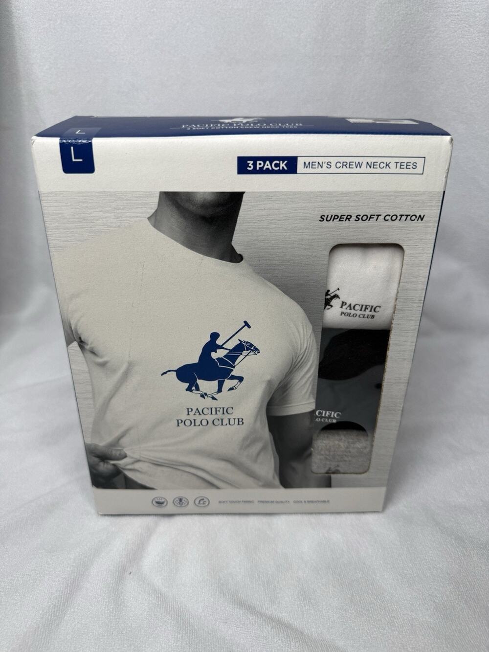 3-pack Men’s Pacific Polo Club Crew Neck Tees L Super Soft White Black Grey